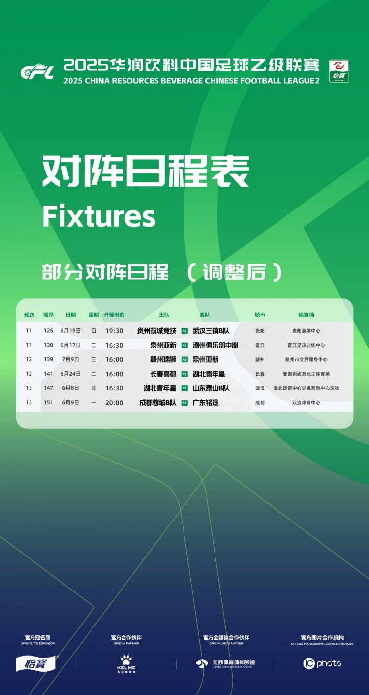 官方：因工作安排原因，中乙第11、12、13輪部分場(chǎng)次比賽時(shí)間調(diào)整