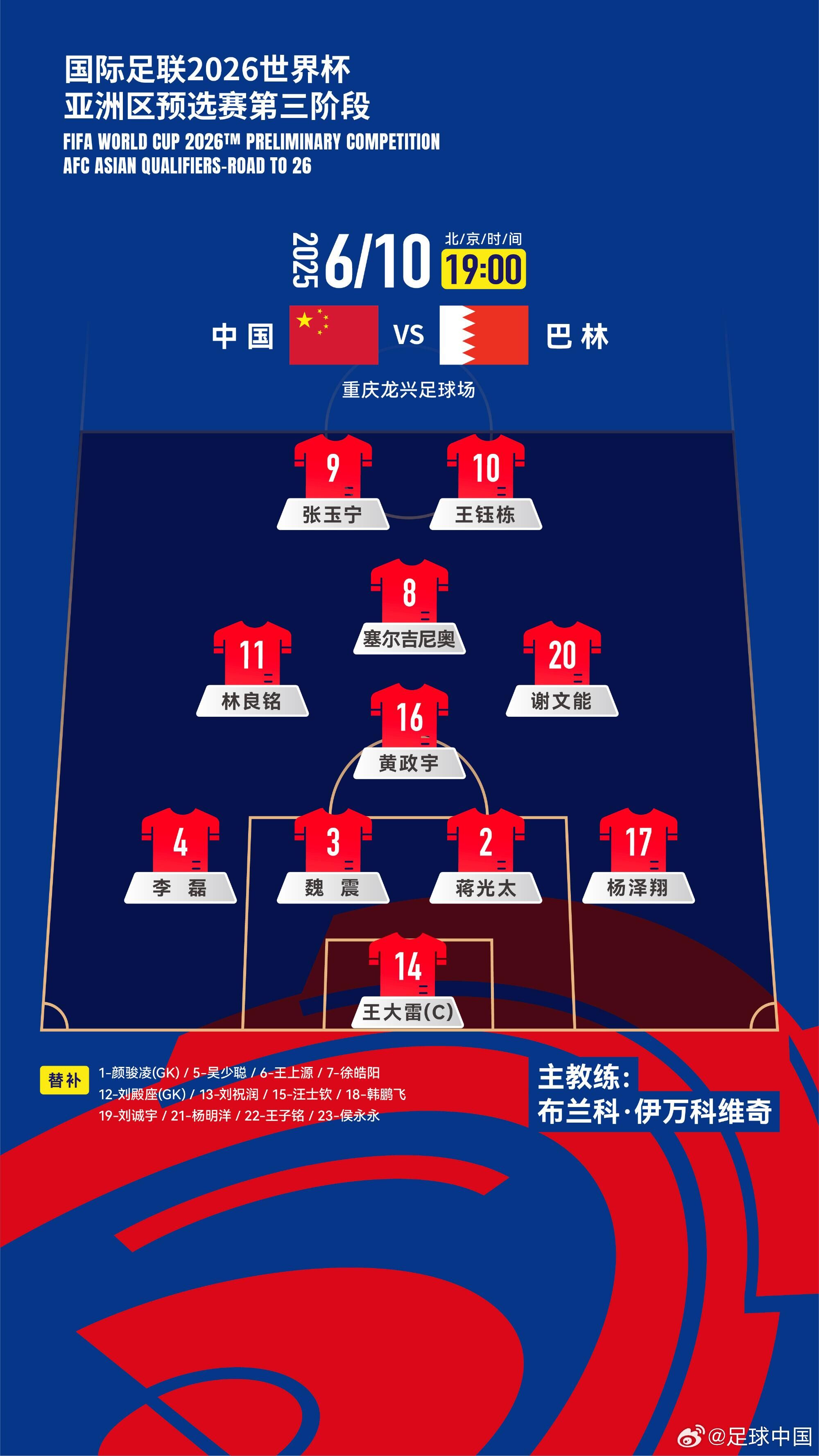國足首發(fā)陣型：442菱形中場！黃政宇單后腰 王鈺棟、張玉寧雙前鋒
